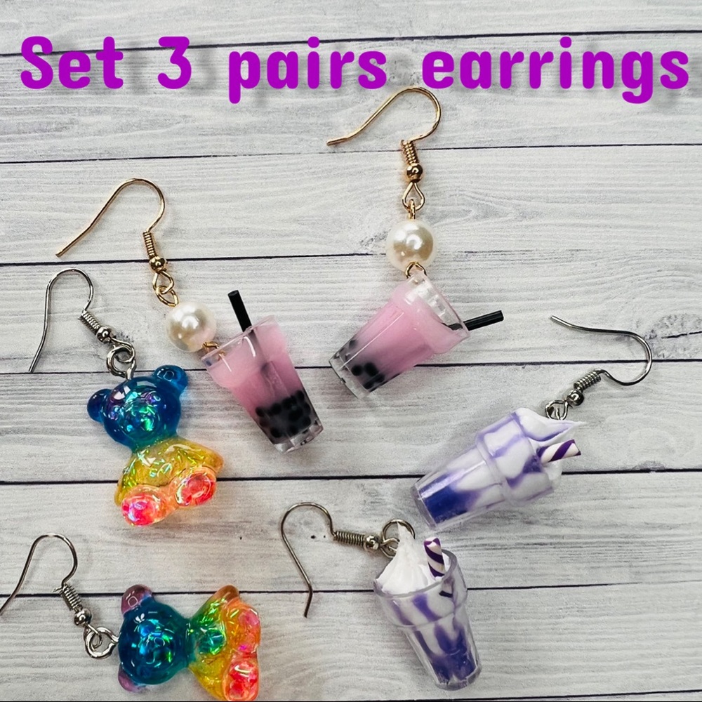 NEW WOMENS EARRINGS HAND MADE , TODDLER MILK ,ICE CREAM & Bear SET 3 PAIRS